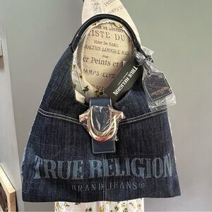 NWT True Religion Blue Denim Hobo Shoulder Bag Silver hardware lightweight